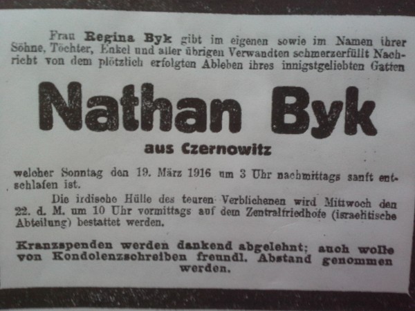 Obituary of Nathan Byk (d. Vienna, 1916)